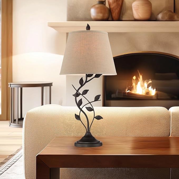 Kira Home Ambrose 31" Rustic Leaf Table Lamp with Beige Empire Fabric Shade, Traditional Black Vine Table Light with 7W LED Bulb, Matte Black Finish