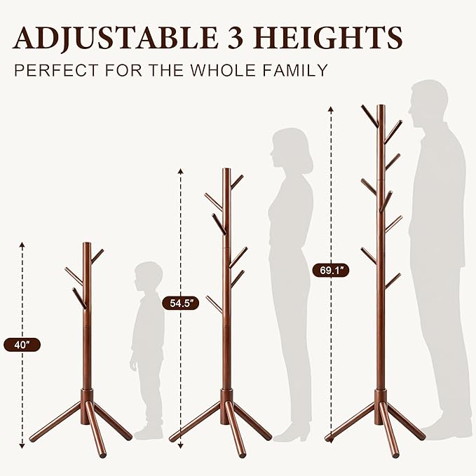 2 PC Wooden Coat Rack Freestanding with 8 Hooks & 3 Adjustable Sizes for Clothes, Space-Saving Design for Bedroom Office Entrance Holds Hats Coats Scarves Bags