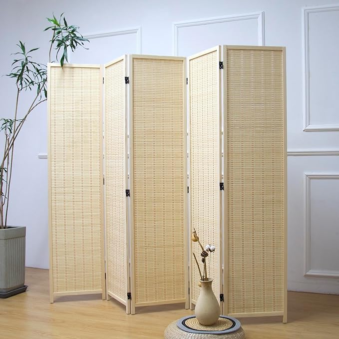Furnnylane 5 Panel Bamboo Room Divider – 5.6 ft Tall Folding Privacy Screen, Natural Beige Freestanding Room Partition Wall for Home Office (67" x 76.75", 5-Panel)