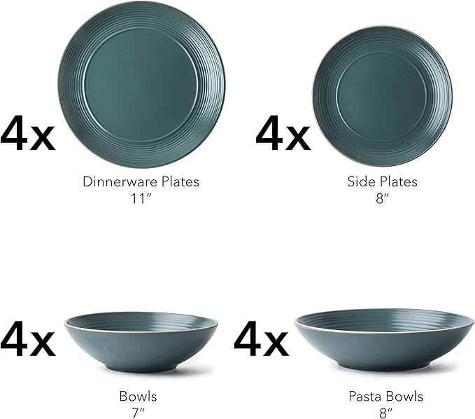 Arora RINGAR Round Stoneware 16pc Double Bowl Dinnerware Set for 4, Dinner Plates, Side Plates, Cereal Bowls, Pasta Bowls - Speckle Matte Green (431952)