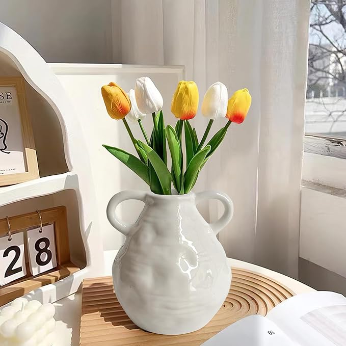 LIFFY Ceramic Vase for Flowers, 6.3 Inch Tall Farmhouse Centerpiece with Double Handles, Rustic Terracotta & Modern Navy White - Home Table Decor (White)