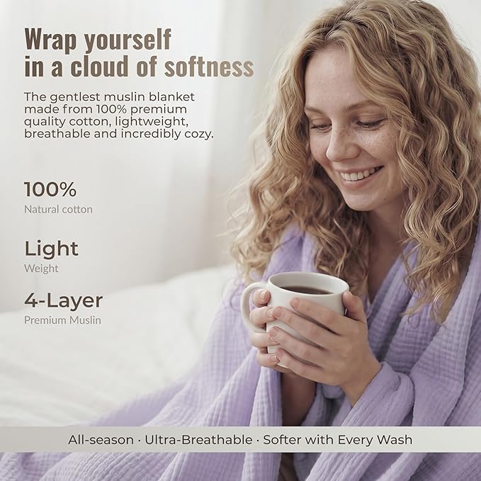 4-Layer Muslin Cotton Queen Bed Blanket (90 x 90 inches) – Ultra Soft Breathable Gauze, Lightweight All-Season Cozy Blanket, Machine Washable – Lavender