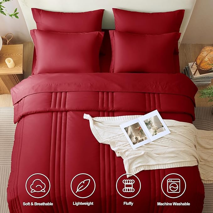 CozyLux Full Comforter Set - 7 Pieces Bed in a Bag Dark Red Comforter Set with Sheets Luxury Bed Set All Seasons, Soft Bedding Set with Down Alternative Comforter, Sheets, Pillowcases & Shams
