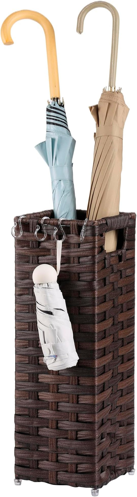 Rattan Umbrella Stand, Umbrella Holder for Entryway, Hand Woven Umbrella Rack Organizer Freestanding, with a Detachable Drip Tray, 4 Hooks, 6.5" L x 6.5" W x 16.5" H, Brown