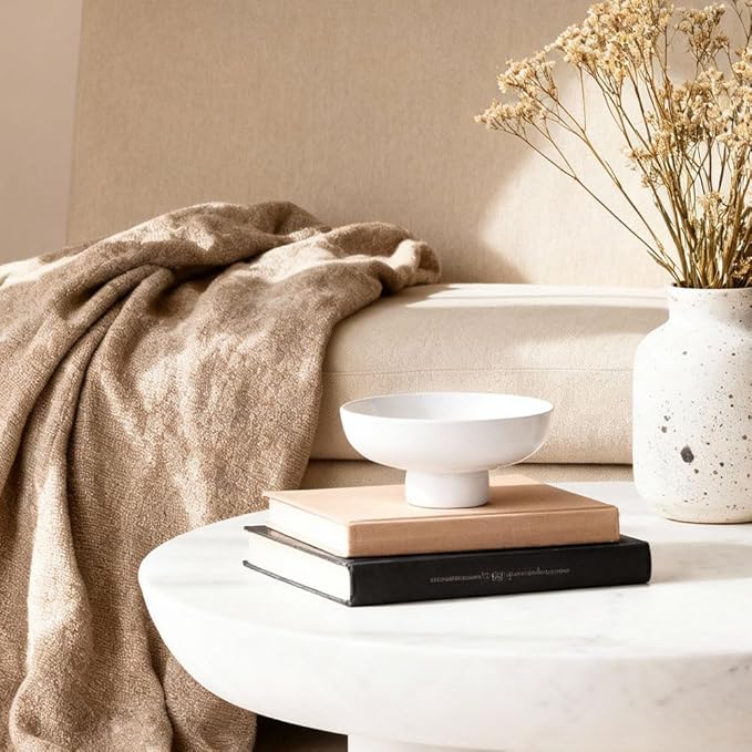 QIANLING White Pedestal Bowl for Home Decor - Matte White Resin Decorative Fruit Bowl for Kitchen Counter, Coffee Table or Entryway, Modern Centerpiece Bowl for Keys, Candy