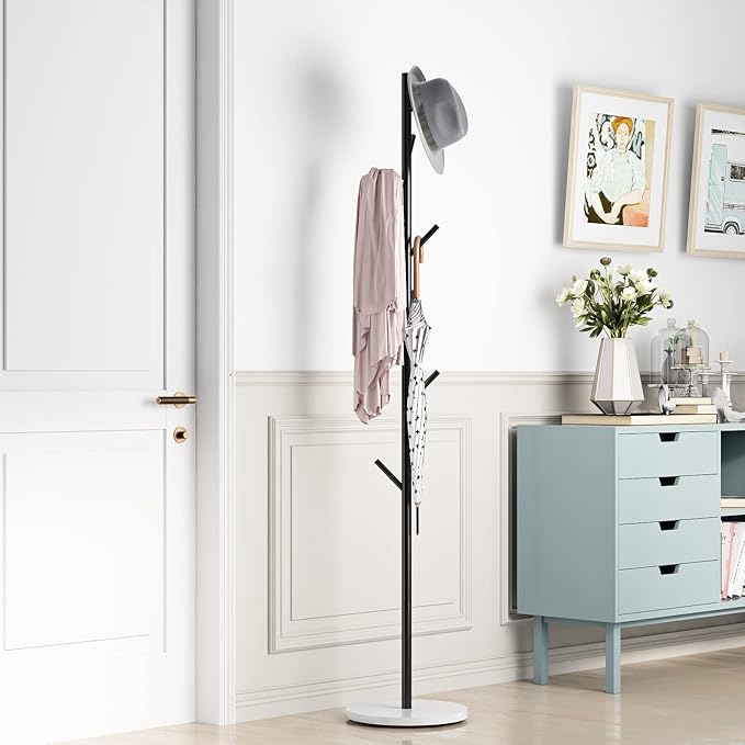 DOORXIFO Black Metal Coat Rack, Freestanding with Hooks, Entryway Coat Rack Stand, Coat Racks with Marble Base, Coat Tree for Hanging Clothes, Hats, Bags
