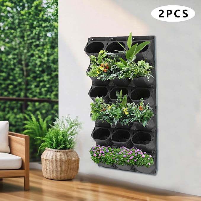 Wall-Mounted Flower Pot Holder for Indoor Outdoor Use on Balcony, Patio, Garden (36-Slot Black)