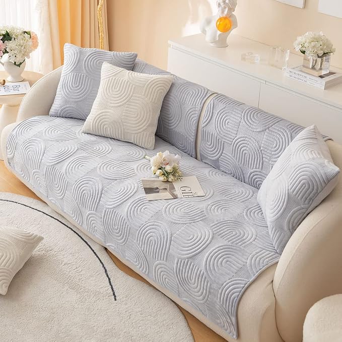 Soft Plush Geometric Quilted Couch Sofa Cover Boho Non Slip Fuzzy Sectional Couch Cover Solid Color Washable Sofa Slipcover Furniture Protector for Kids Dogs Cats (Gray,28"x82")