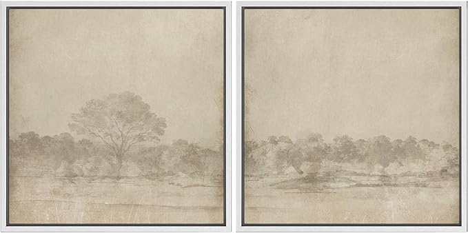 SIGNFORD Framed Canvas Print Wall Art Set Vintage Sepia Forest Landscape Neutral Toned Tree Scene Illustrations Modern Art Minimal Relax/Calm for Living Room, Bedroom, Office - 16"x16"x2 White