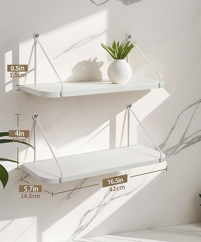 Afuly White Shelves for Wall, Floating Shelf Bathroom, Wall Mounted Shelves for Bedroom Living Room, Over Toilet Storage Display Organizer Modern Home Decor, 16inch Set of 2