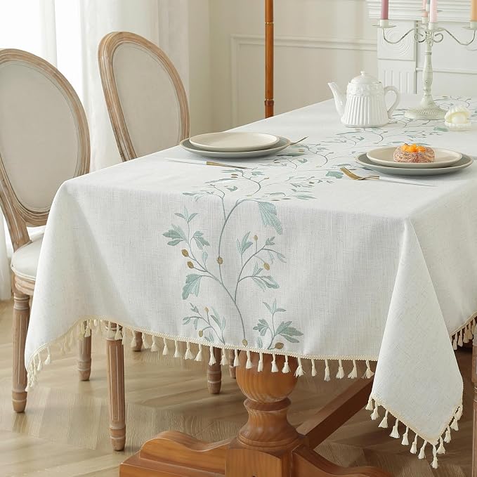 Alsoo Embroidered Tablecloth Rectangle 55 x 106 Inch, Farmhouse Otanical Floral Table Cloth Waterproof Washable Cotton Linen Fabric for Thanksgiving Spring Summer