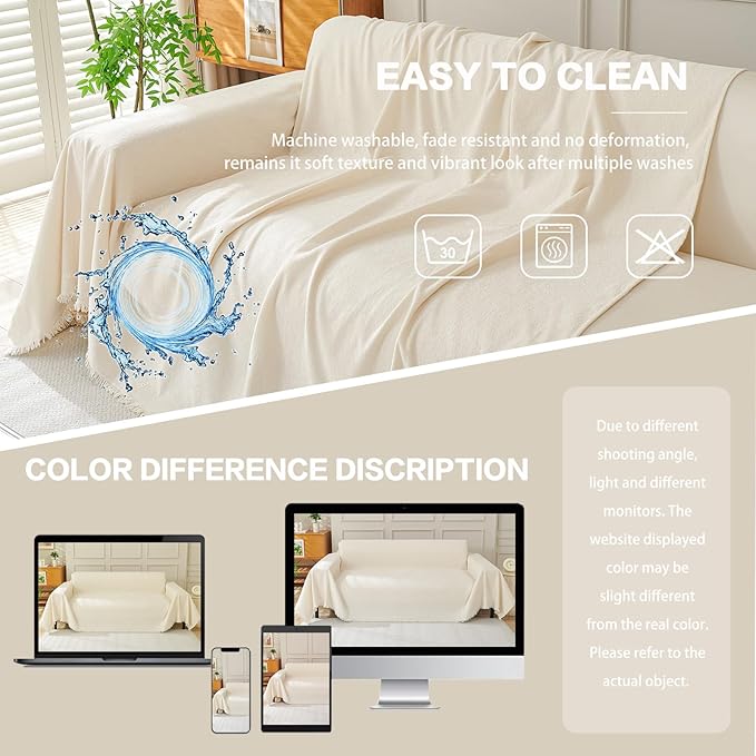 DREAMINGO Sofa Covers Washable Thick Chenille Couch Cover for 3 Cushion Couch Sofa Multi-Use Couch Cover Blanket Modern Pet Furniture Protector Sectional Couch Slipcover 91"x134", Beige White