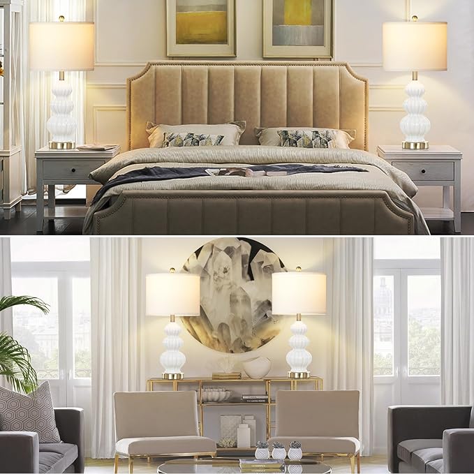 Modern White Table Lamps Set of 2 - Bedside Lamps for Night Stands, 26" Triple Gourd Ceramic Lamps for Living Room with USB A+C Ports & AC Outlet,3 Way Touch Lamps for Bedroom (LED Bulbs Included)