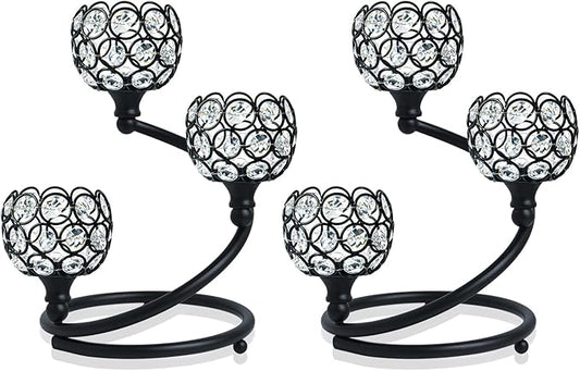Metal Crystal Candle Holder Set of 3 - Elegant 5-Arm Metal Tea Light Centerpiece with Shining Crystal Bowl, Wedding Anniversary Table Decor for Dining, Party (Black, 2 Pcs 3 Arm)