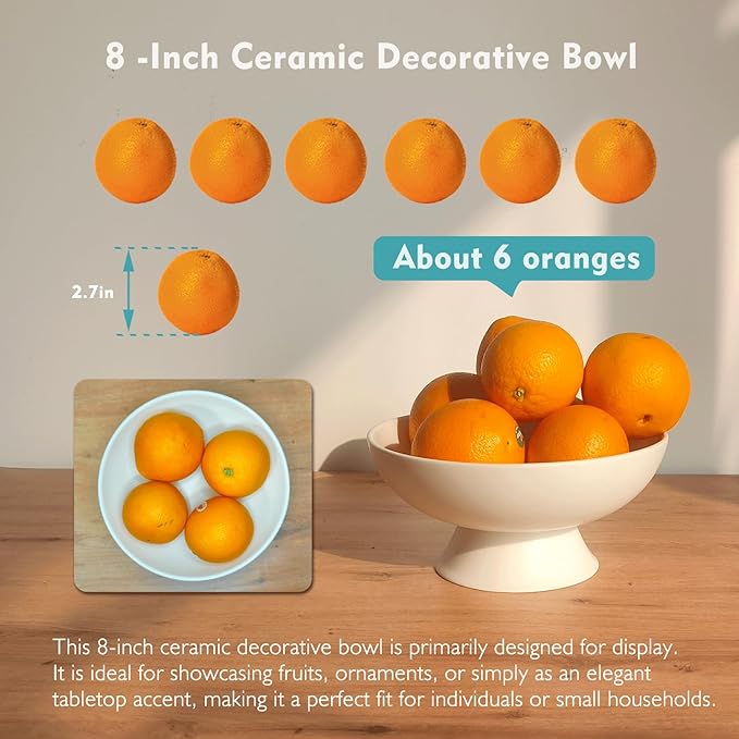 White Pedestal Decorative Bowl - 8" Minimalist Decorative Fruit Bowl for Kitchen Counter, Entryway,Multi-Purpose Centerpiece bowl for Bread, Snacks, Candy, Perfect for Housewarming &Wedding Gift