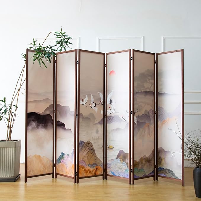 Furnnylane 6 Panel Room Divider, Double-Sided Folding Privacy Screen for Home Office – Freestanding Wall Partition with New Chic Colorful Landscape 67" H x 63" W - 5.6 ft Tall