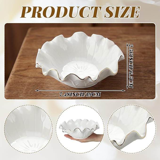 2 Pack White Lotus Ceramic Decorative Bowls 7.48 x 2.56 Inch Ruffle Lotus Leaf Scalloped Bowl with Gold Trim for Coffee Table Counter Keys Coins Catchall