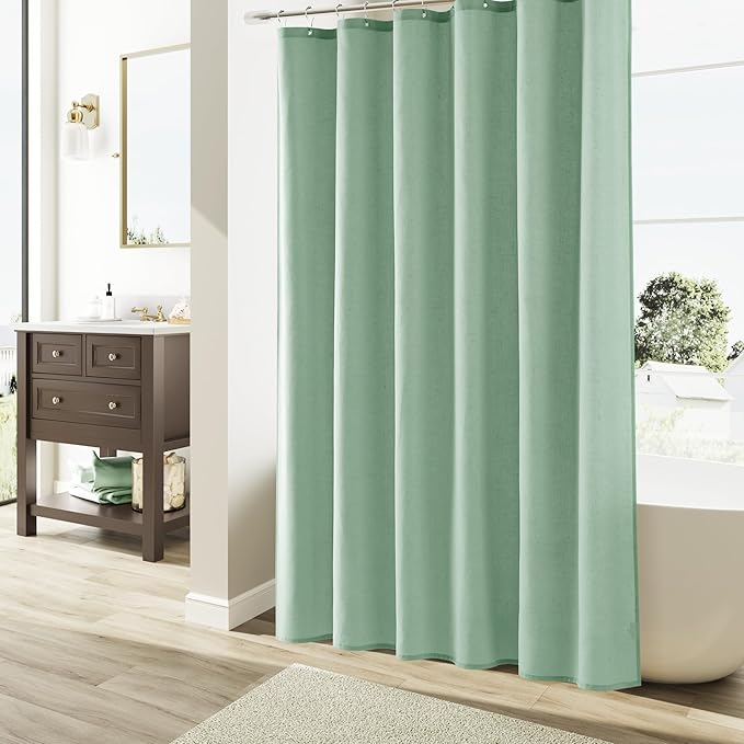 Naturoom Aqua Green Linen Shower Curtain, Country Boho Farmhouse Bath Decor Shower Curtains Neutral Cloth Weighted Textured Fabric Bath Curtain Liner with Hooks, 72x78