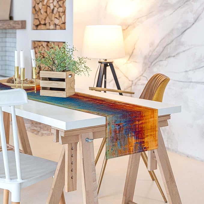 Orange and Blue Table Runner Modern Abstract Messy Rust Painting Linen Dresser Runner Vintage Farmhouse Style Table Decor for Kitchen Dining Wedding Coffee Home Party (13"x 90", Orange)