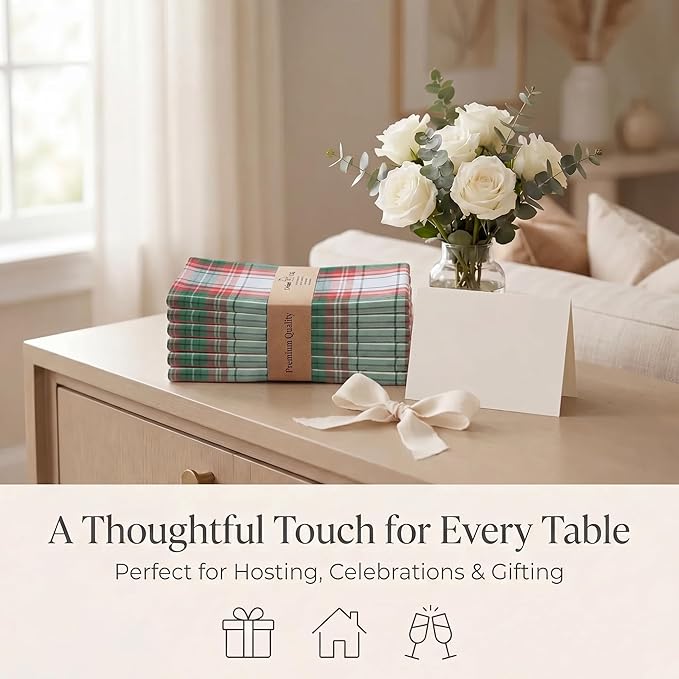 Urban Villa Cloth Napkins 100% Cotton Highly Absorbent Washable Reusable Premium Dinner Napkins Ideal for Gifts for Mothers Day Hotel Farmhouse Parties - Chirstmas Checks (20" x 20", Set of 12)