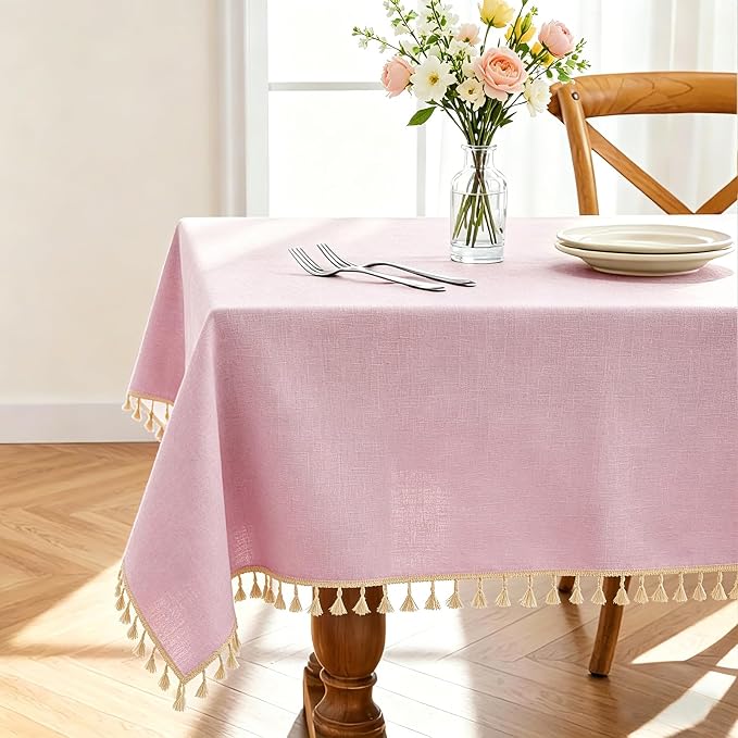 Alsoo Spring Pink Table Cloth Rectangle Table Heavy Duty Cotton Linen Tablecloth Farmhouse Boho Waterproof Wrinkle Free Tables Cover with Tassel for Kitchen Dining Holiday Party, 55" x 90"