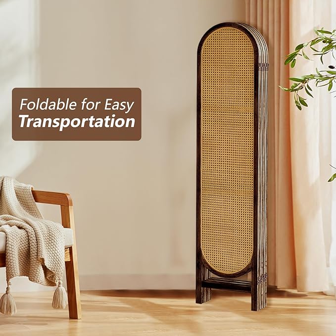 ALeesinwing 6 Panels Room Dividers, Hand-Woven Rattan Room Divider Panel and Folding Privacy Screens, Wood Room Divider Wall Freestanding Room Partitions Screen for Home Office Bedroom, Dark Brown