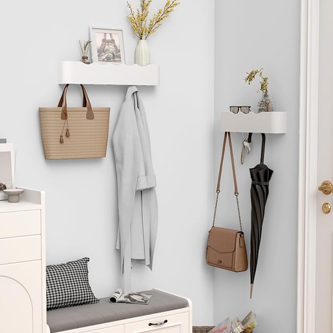 Coat Rack Wall Mount with Hidden Hooks, Wall Hooks with Shelf, Wall Key Holder Mount Wooden Shelf Entryway Hooks for Bedroom Bathroom for Hanging Coats Hats Bags Towels (White Wave-Shape, 4 Hooks)
