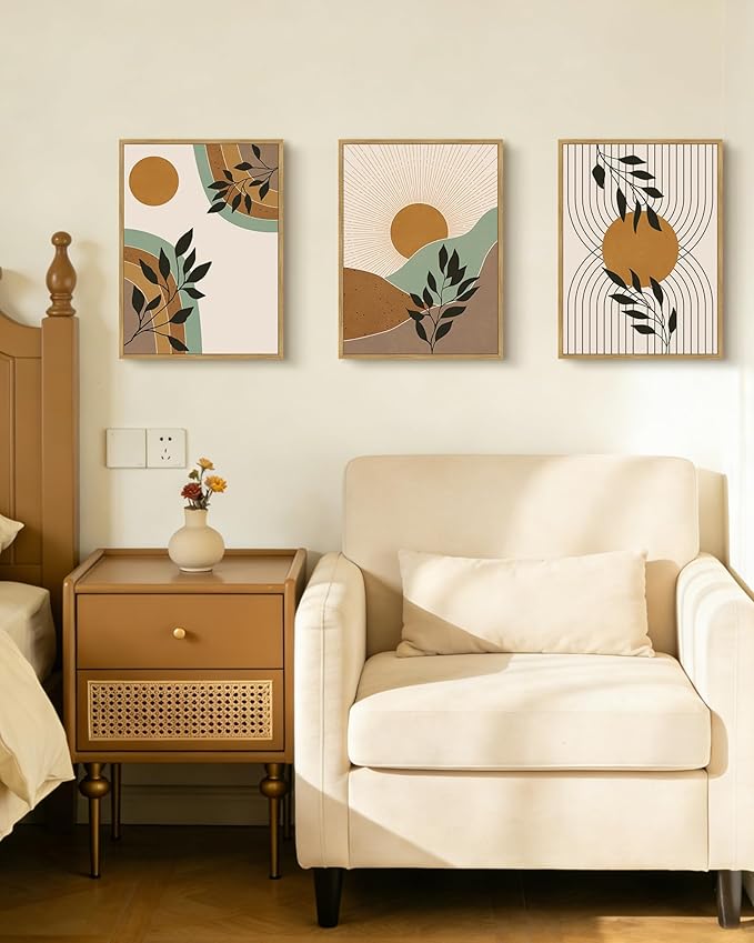 PHOPAGO Boho Abstract Wall Art Botanical Mid Century Modern Framed Wall Printing Neutral Geometric Prints Bohemain Sage Decor for Farmhouse Kitchen - 11x14in Natural Framed
