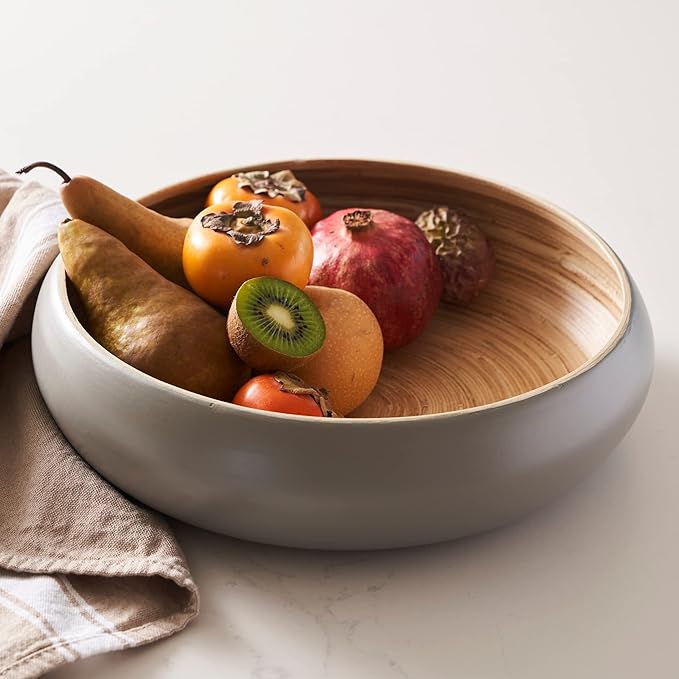 Fruit Bowl for Kitchen Counter – Handmade Spun Bamboo, Large 11.75" Fruit Basket, Eco-Friendly Decorative Serving Bowl for Home Decor, Produce Storage & Centerpiece (Gray)