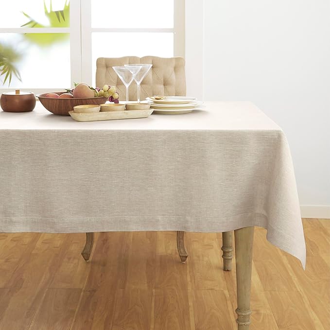 Solino Home Linen Tablecloth 60 x 90 Inch - 100% Pure Linen Light Natural Table Cloth for Rectangle Tables - Athena, Machine Washable Tablecloth for Summer