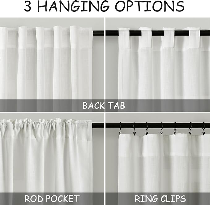 Ivory Linen Curtains 96 Inches Long 2 Panels Set Back Tab Rod Pocket Semi Sheer Light Filtering Window Curtain Drapes Neutral Modern Aesthetic Long Curtains for Living Room Bedroom Decor 40x96