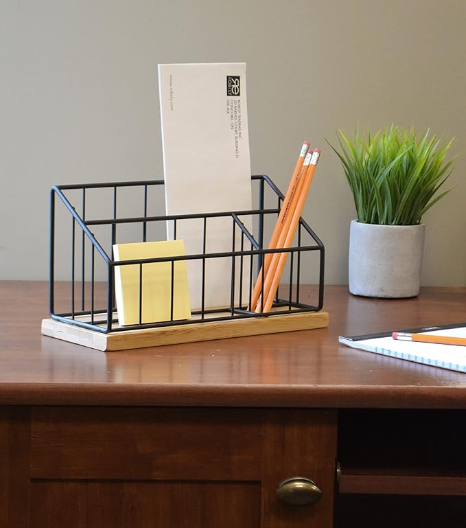 AQ Desk Organizer for Home/Office, Multi-Functional, 3 Compartments for Holding Desktop Supplies/Accessories, Wire Wood Design - Matte Black & Bamboo