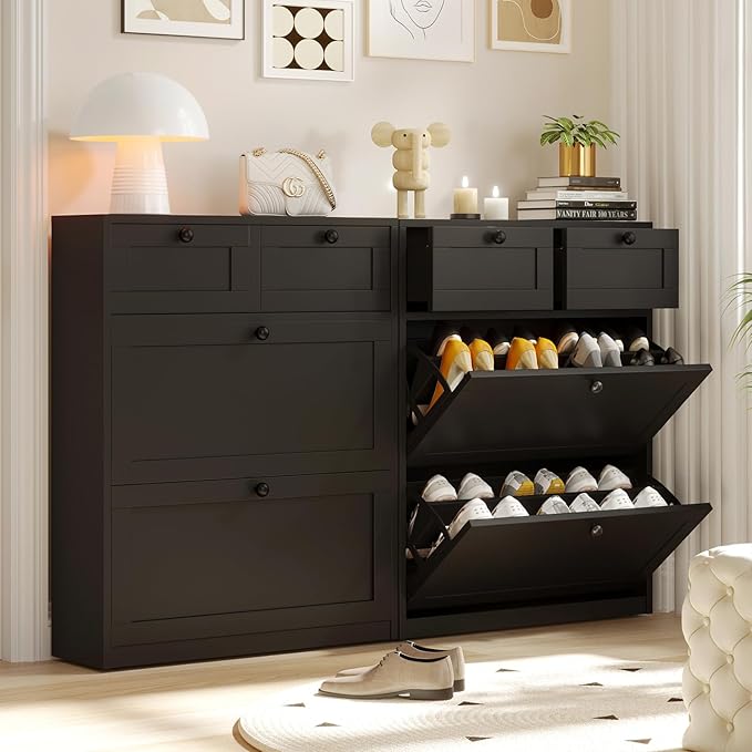 VOWNER Shoe Cabinet with 2 Flip Drawers & 2 Drawers, Freestanding Shoe Storage Cabinet with Adjustable Shelves, Shoe Organizer for Entryway, Hallway, Living Room (Black)