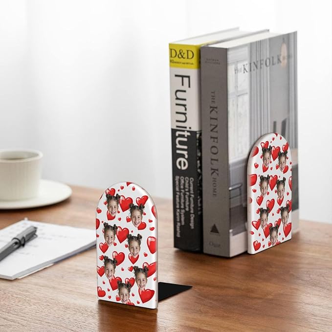 Ouqiuwa Custom Personalized Photo Wood Book Ends L-Shaped for Shelf Holders 2 Pcs, Pictures Text Logo Customizable Book Organizers 4.2 * 6.7 in Decorative for Home Office Library