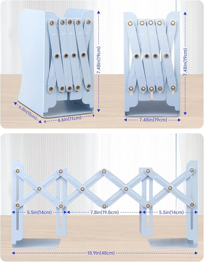 Honagu Adjustable Bookends, Metal Book Ends for Shelves Heavy Book, Desk Magazine File Organizer for Home, Office, Books, Papers, Extends up to 19 inches, Gifts for Students,Teachers (Light Blue)