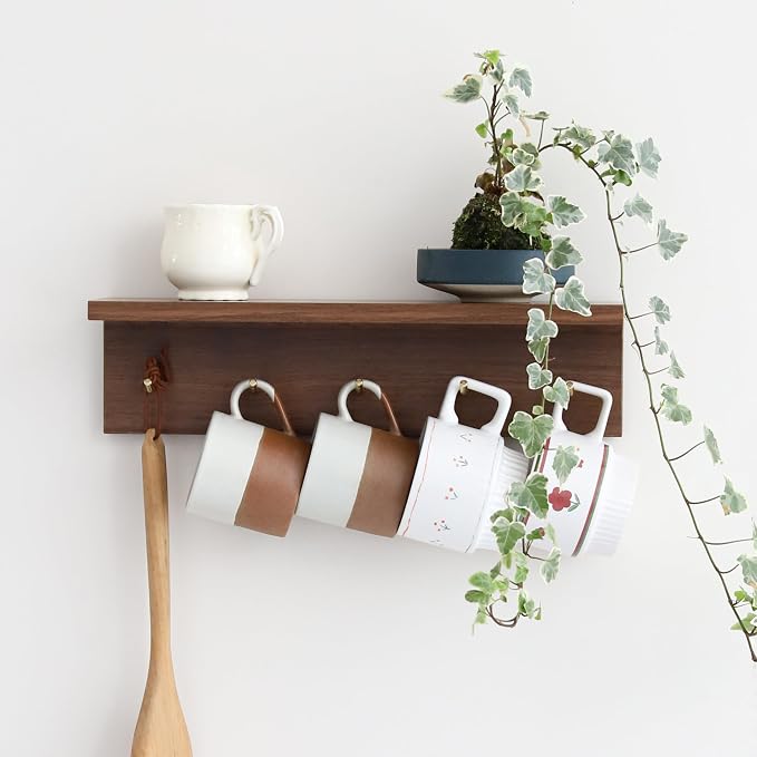 Marine Plywood Wall Mounted Coat Rack with Shelf & Key Hooks, 5 Brass Hooks Entryway Organizer, Modern Floating Shelf for Bedroom Hallway, Space-Saving Home Storage Rack (1, Walnut Finish)