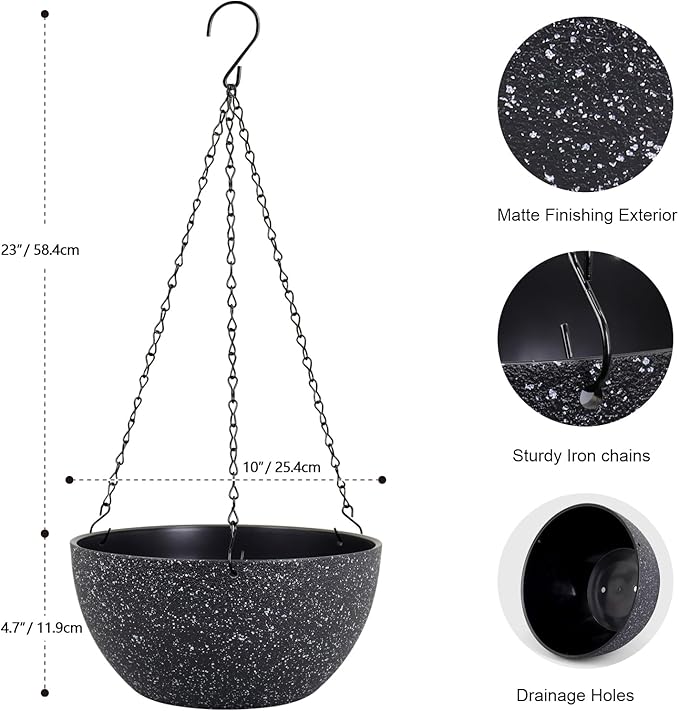 Meowell 10 inch Hanging Planters for Indoor Outdoor Plants, 2 Pack Hanging Flower Plant Pots with Drainage Holes and Chain for Garden Porch, Plastic Hanging Baskets for House Plants, Speckled Black