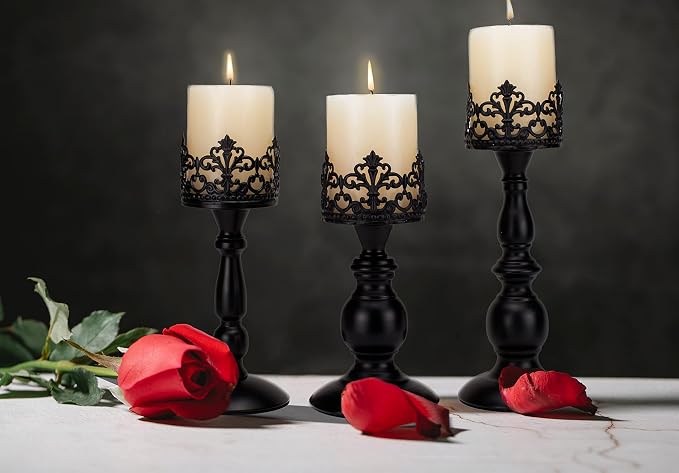 BANOMII Vintage Pillar Candle Holders for Table Centerpiece Set of 3-11'' 9'' 8'' - Matte Black Metal Candle Stands Decorative - Candle Centerpiece for Table Fireplace Decor - Gothic Candle Holder
