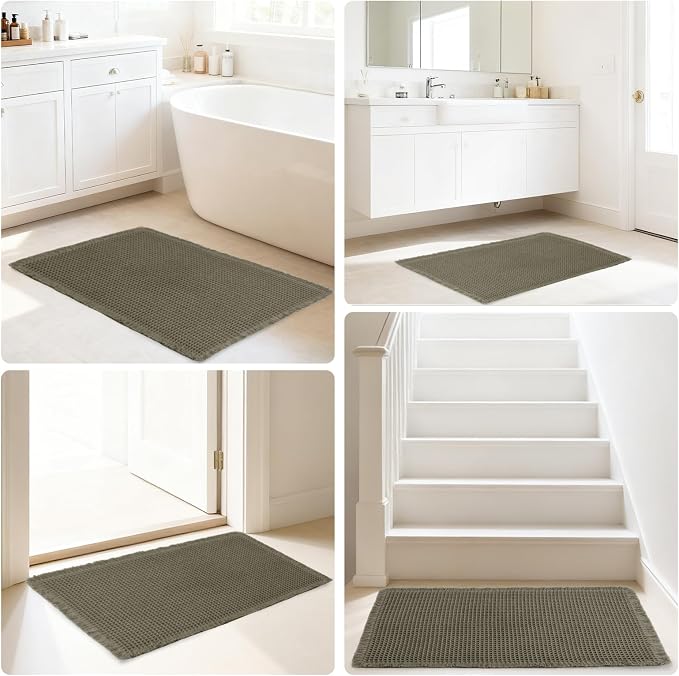 Hiasan Set of 2 Waffle Bath Mat, Super Absorbent Non Slip Bathroom Boho Rug with Tassels, Machine Washable Bath Mats for Bathroom, Ultra Soft Rubber Backed Rug, Grayish Green, 16" x 24" + 20" x 32"