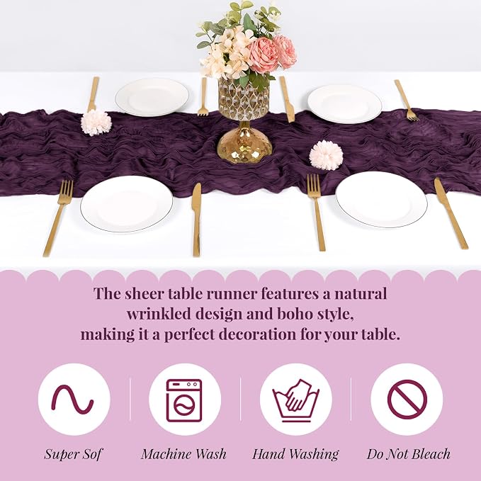 3 Pack Dark Purple Cheesecloth Table Runner, 17 x 108 Inch, Gauze Cheese Cloth Table Runner Rustic Sheer Runner for Wedding Birthday Party Baby Shower Table Decor(Dark Purple)
