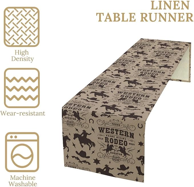 Western Cowboy Table Runner, Vintage Wild West Rodeo Riding Farmhouse Table Decoration for Kitchen Dining Cafe Home Party Decor, 13x120 Inch
