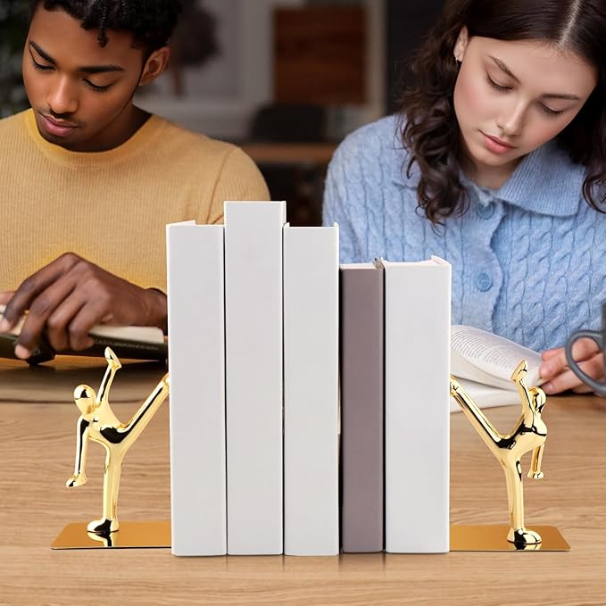 Gold Bookends for Heavy Books - Golden Kicking Leg Man Book Ends for Shelves Decorative, Stainless Steel Book Stopper with Anti-Slip Foam Bottom for Bookshelf Desk Office Home Decor - 1 Pair