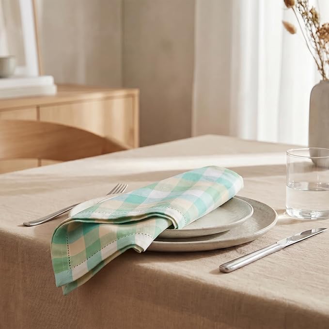 Urban Villa Cloth Napkins 100% Cotton Highly Absorbent Washable Reusable Premium Dinner Napkins Ideal for Gifts for Mothers Day Hotel Farmhouse Parties - Green Sand Checks (20" x 20", Set of 12)