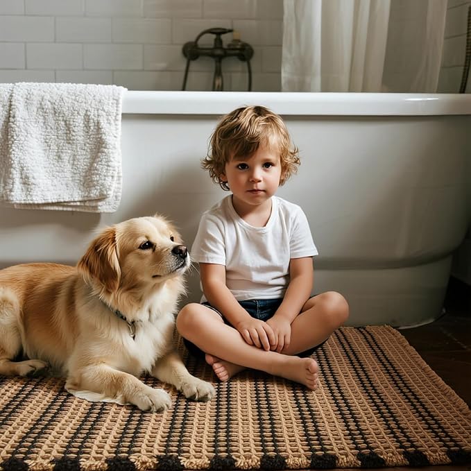 Triohero Waffle Runner Bath Mat - Long Bathroom Rugs Non Slip Washable, Ultra Soft Super Absorbent Quick Dry Boho Farmhouse Bathroom Decor, 24" x 72", Khaki & Black