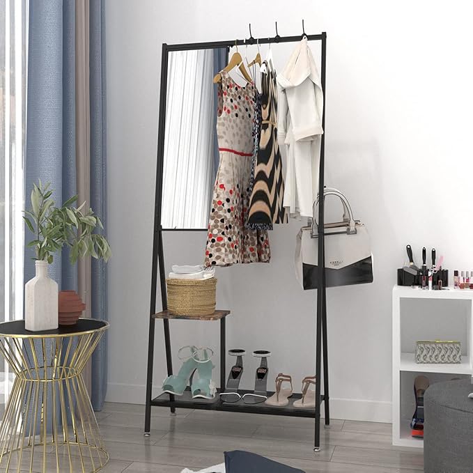 CHANCEE Coat Rack with Mirror – Freestanding Garment Rack with Shelf, Aluminum Hanger Stand with Shoe Storage, Multifunctional Clothes Rack for Bedroom, Entryway & Living Room, Rustic Brown/Black