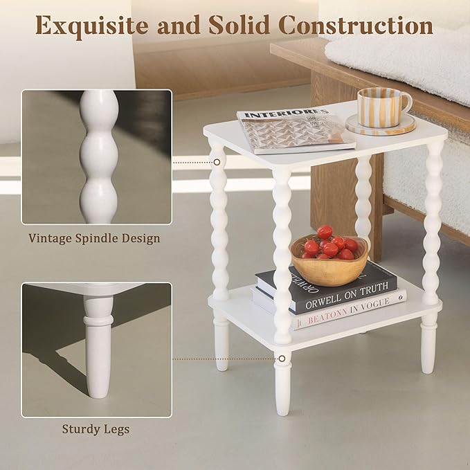 Fultyle White End Table, Small Side Table with Storage Shelf, 2-Tier Modern NightStand for Bedroom, Living Room, Small Spaces (White)
