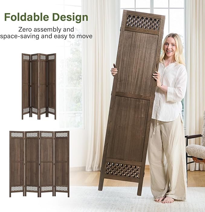 Privacy Screen Room Divider Panel - Real Wood Folding Partition Room Dividers, No-Assembly Required, Enhance Privacy and Aesthetic Appeal, Ideal for Home or Office Brown 67 Inch Tall 4 Panel