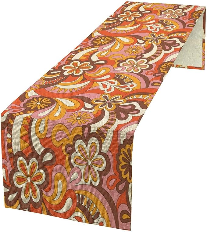 Vintage Groovy Floral Table Runner Nostalgic Retro Hippie 70s Wavy Abstract Flowers Dinner Runner for Home Kitchen Dining Table Holiday Party Decor 13"x36"
