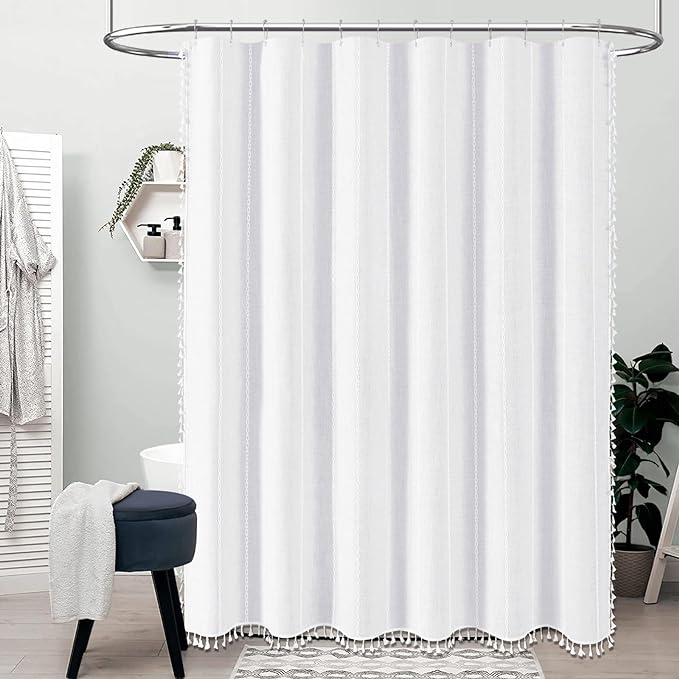 BTTN Stall Shower Curtain - 60x72 Narrow Boho Farmhouse Linen Vintage Striped Fabric Shower Curtain Set with 10 Hooks, Bohemian Cottage Decorative Heavy Duty Shower Curtains for Bathroom - White