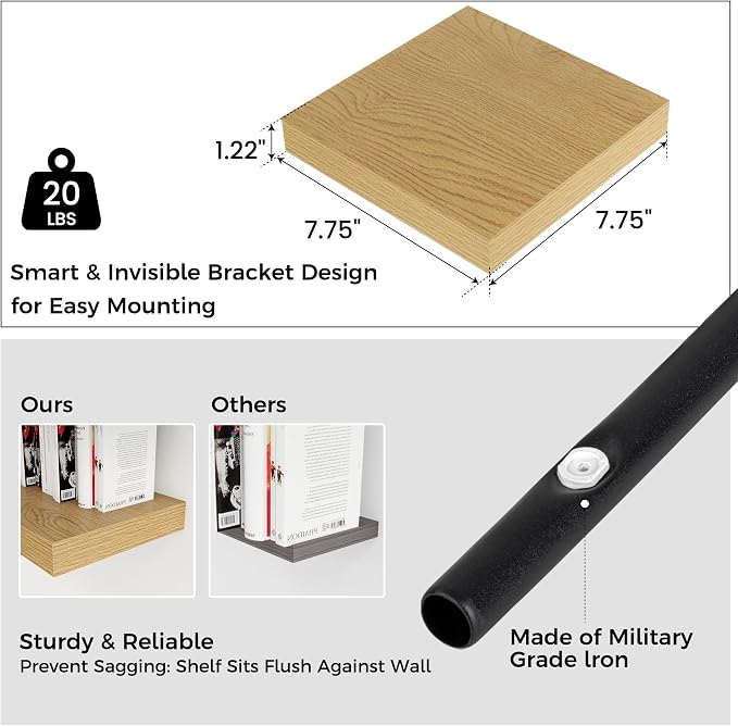 Square Floating Shelves for Wall 8"W x 8"D x 1.2"H, Small Engineered Wood Wall Shelves with Invisible Brackets for Living Room Bedroom Bathroom Office Kitchen Storage & Decor, Oak Finish, Set of 3